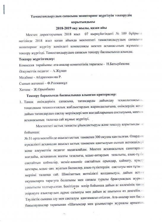 Қазан айындағы тамақтандырудың сапасына мониторинг жүргізуін тексерудің қорытындысы