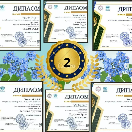 "Әл-ФАРАБИ" республикалық зияткерлік олимпиадасына қатысып, олимпиада қорытындысы бойынша 40 оқушы арнайы Дипломдармен марапатталды.