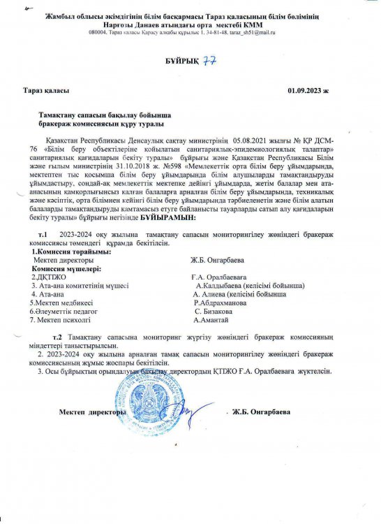 Бракераж коммиссиясын құру туралы бұйрық